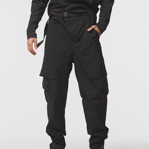 Black Wide Leg Cargo Tech Pants | Urban Streetwear Trousers for Men | Cyberpunk Techwear Pants