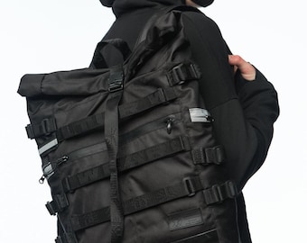 Tactical reflective rolltop backpack, black laptop rucksack, heavy duty techwear bag, orthopedic travel daypack
