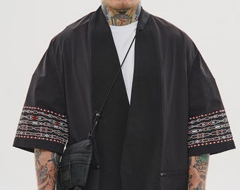 Streetwear japanese black embroidered kimono, gothic samurai fashion jacket