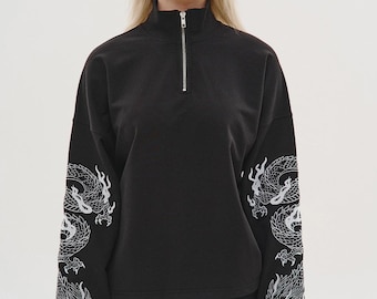 Urban samurai black longsleeve, techwear half zip pullover, japanese dragon outwear