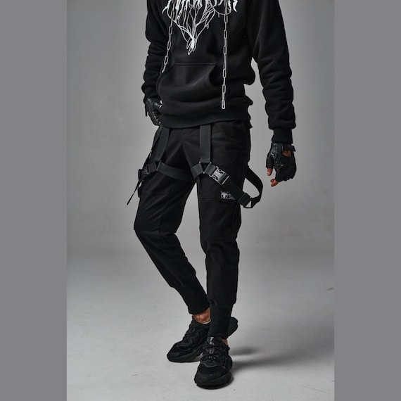 【U LAN】Went Brushed Strap Cargo Training Pants Black Pants With Straps 'shunsui'