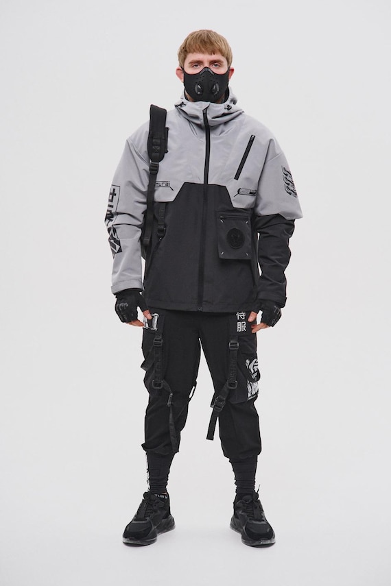 Cyberpunk tactical jacket, utility anorak, adjustable techwear outfit, urban ninja futuristic clothing