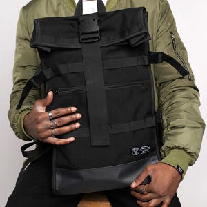 Rolltop Black Backpack Waterproof with Zipper and Laptop Compartment, backpack accessories, tactical backpack, techwear apocalypse backpack
