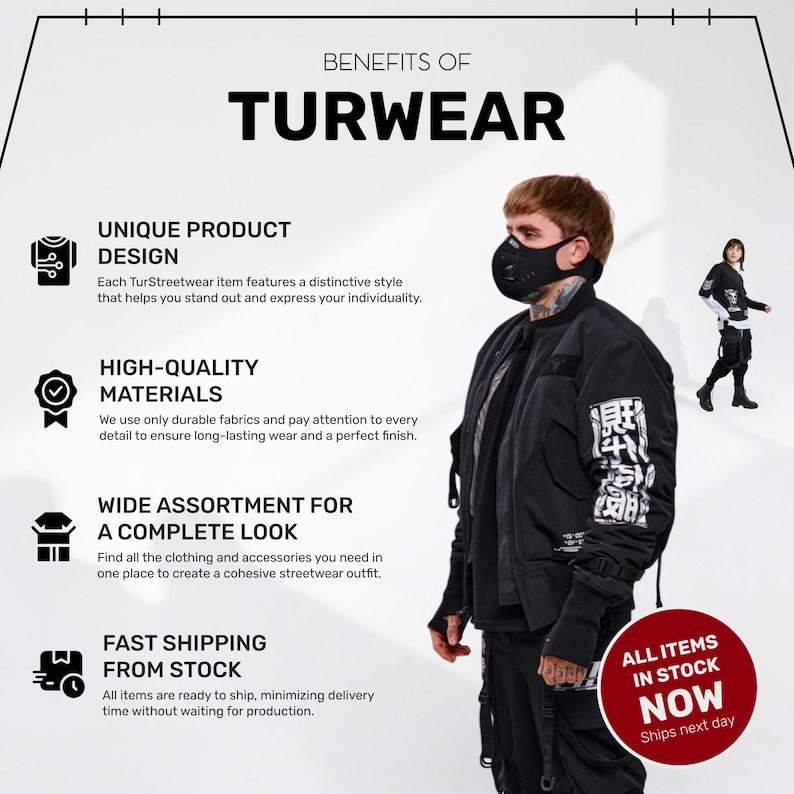 May include: A person wearing a black jacket, pants, and face mask. The image includes text that reads "BENEFITS OF TURWEAR" and highlights unique product design, high-quality materials, a wide assortment, and fast shipping.