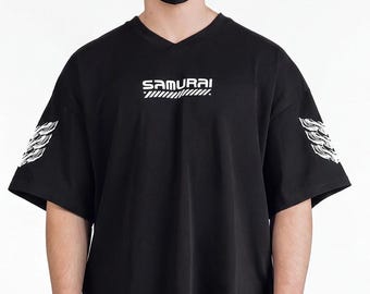 Cyber samurai shirt, oversized black tech tee, japanese streetwear outfit