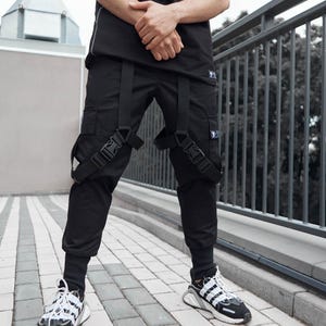 Black Cyberpunk Cargo Pants Men with Straps, Futuristic Techwear Fashion Trousers Men, Streetwear Pants, Steampunk Pants