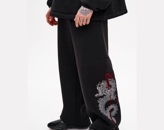Fleece-lined sweatpants, oversized streetwear, warm dragon pants, wide leg techwear pants