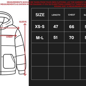 May include: A diagram of a hooded jacket with measurement labels for length, chest, sleeve, and shoulders. A size chart shows measurements in centimeters for XS-S and M-L sizes.