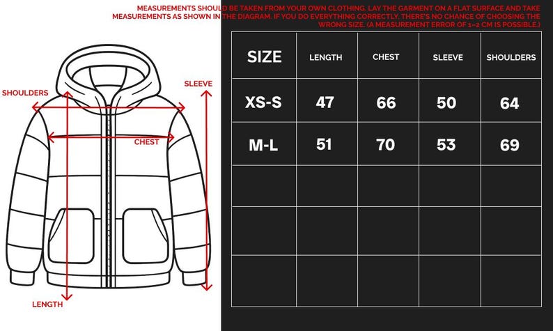 May include: A diagram of a hooded jacket with measurement labels for length, chest, sleeve, and shoulders. A size chart shows measurements in centimeters for XS-S and M-L sizes.