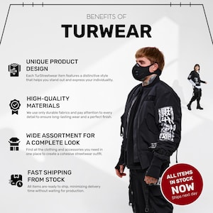 May include: A person wearing a black jacket, pants, and face mask. The image includes text that reads "BENEFITS OF TURWEAR" and highlights unique product design, high-quality materials, a wide assortment, and fast shipping.