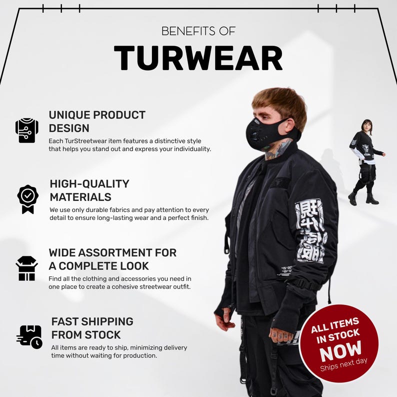 May include: A person wearing a black jacket, pants, and face mask. The image includes text that reads "BENEFITS OF TURWEAR" and highlights unique product design, high-quality materials, a wide assortment, and fast shipping.