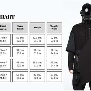 The image is a size chart for a black outfit, with a person wearing the outfit and a black mask. The chart provides measurements for different sizes, including chest, sleeve, shoulder width, and length.