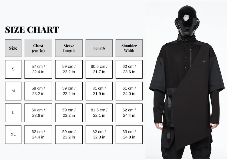 The image is a size chart for a black outfit, with a person wearing the outfit and a black mask. The chart provides measurements for different sizes, including chest, sleeve, shoulder width, and length.