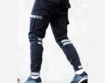 Black techwear cargo, reflective tactical pants, japanese multi pocket pants, utility joggers