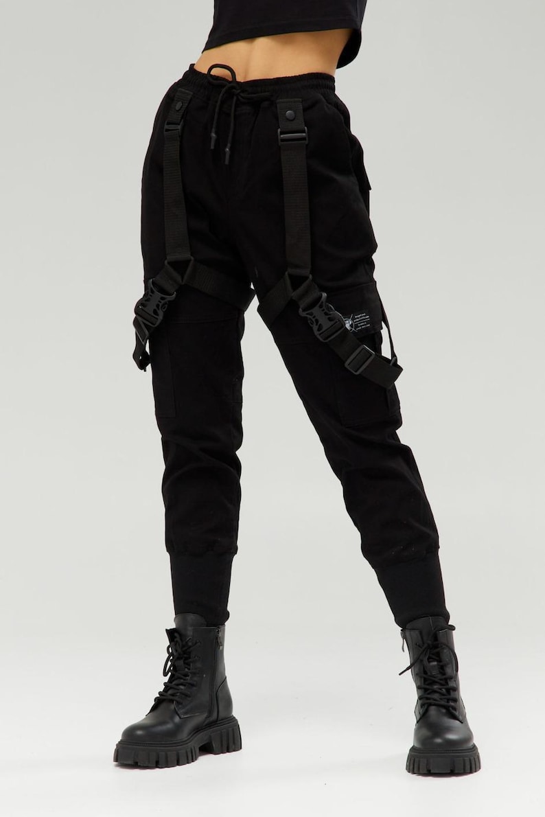 Techwear warcore pants, cargo pants straps, tactical womens trousers, multi pocket pants image 5