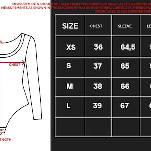 May include: Diagram of a long-sleeved bodysuit with chest, sleeve, and length measurements. A size chart shows measurements in centimeters for XS, S, M, and L sizes. The text advises taking measurements from clothing.