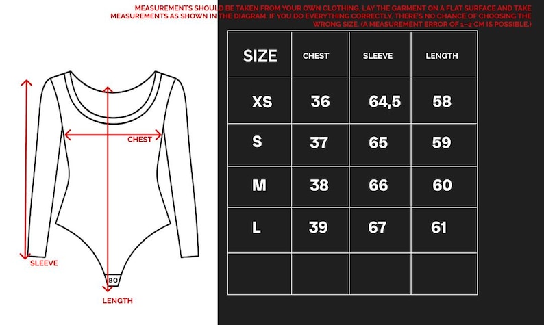 May include: Diagram of a long-sleeved bodysuit with chest, sleeve, and length measurements. A size chart shows measurements in centimeters for XS, S, M, and L sizes. The text advises taking measurements from clothing.