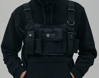Techwear chest rig, tactical chest front pocket bag, urban ninja multi pocket bag, molle chest rig