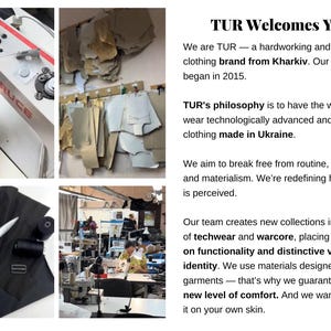 The image is a collage of four photos depicting various aspects of the TUR brand, including a person operating a sewing machine, a workspace with sewing equipment, a person working on a garment, and a person working on a garment.