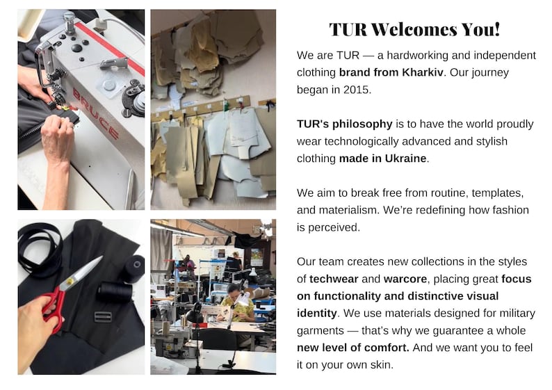 The image is a collage of four photos depicting various aspects of the TUR brand, including a person operating a sewing machine, a workspace with sewing equipment, a person working on a garment, and a person working on a garment.