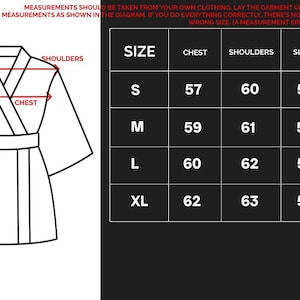 May include: Diagram of a kimono-style garment with measurement labels for chest, shoulders, sleeve, and length. A size chart shows measurements in centimeters for sizes S, M, L, and XL.