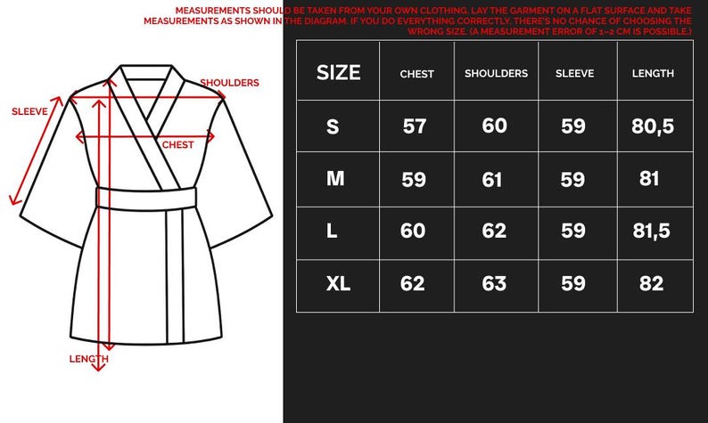 May include: Diagram of a kimono-style garment with measurement labels for chest, shoulders, sleeve, and length. A size chart shows measurements in centimeters for sizes S, M, L, and XL.