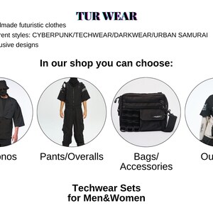 The image is a collage of four images featuring different styles of futuristic clothing and accessories, including Kimonos, Pants/Overalls, Bags/Accessories, and Outerwear.