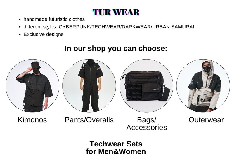 The image is a collage of four images featuring different styles of futuristic clothing and accessories, including Kimonos, Pants/Overalls, Bags/Accessories, and Outerwear.