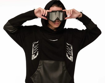 Warcore hoodie, hoodies for teens, hypebeast hoodie, cyberpunk hoodie, cyberpunk hoodie, grunge hoodie, goth hoodie, futuristic clothing.