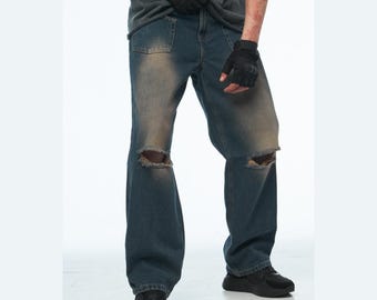 Dirty wash distressed jeans, y2k grunge ripped knees pants, wasteland denim gear