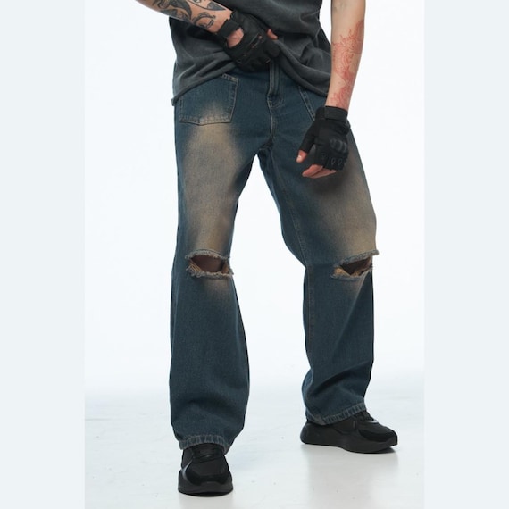 Dirty Wash Distressed Jeans, Y2k Grunge Ripped Knees Pants 