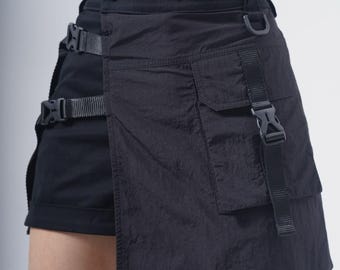 Cyberpunk tactical cargo skort, asymmetrical techwear mini skirt, gothic functional gear