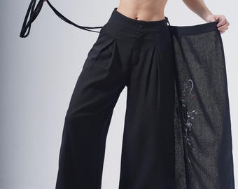 Cyberpunk skirt overlay pants, darkwear hakama pants, gothic techwear palazzo
