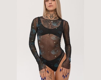 Mesh sleeve top, sheer panel body, abstract art clothing, black futuristic clothing