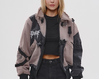 Warcore cropped bomber, distressed patchwork jacket, dystopian cyberpunk outerwear