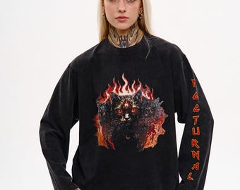 Gothic distressed longsleeve, witchy cat unisex sweater, grunge streetwear outfit