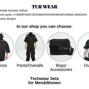 The image is a collage of four images featuring different styles of futuristic clothing and accessories, including Kimonos, Pants/Overalls, Bags/Accessories, and Outerwear.