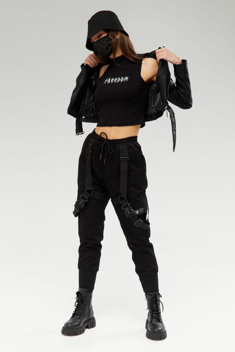 Techwear warcore pants, cargo pants straps, tactical womens trousers, multi pocket pants image 8