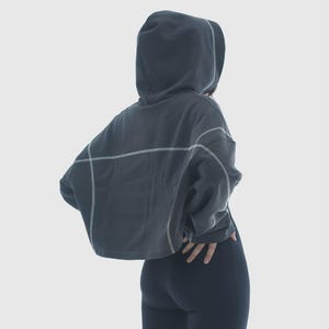 Oversized Cyberpunk Cropped Sweatshirt with Hood and Long Sleeves, Techwear Hoodie Women Streetstyle