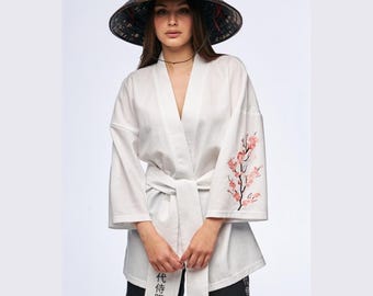 Japanese streetwear kimono, alternative samurai outfit, embroidered sakura haori