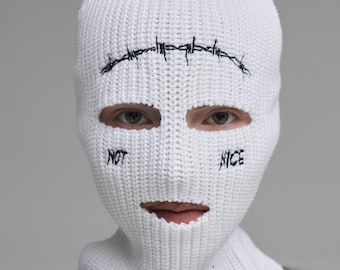 White knit cyberpunk balaclava, crochet embroidered mask, barbed wire hat, urban ninja mask