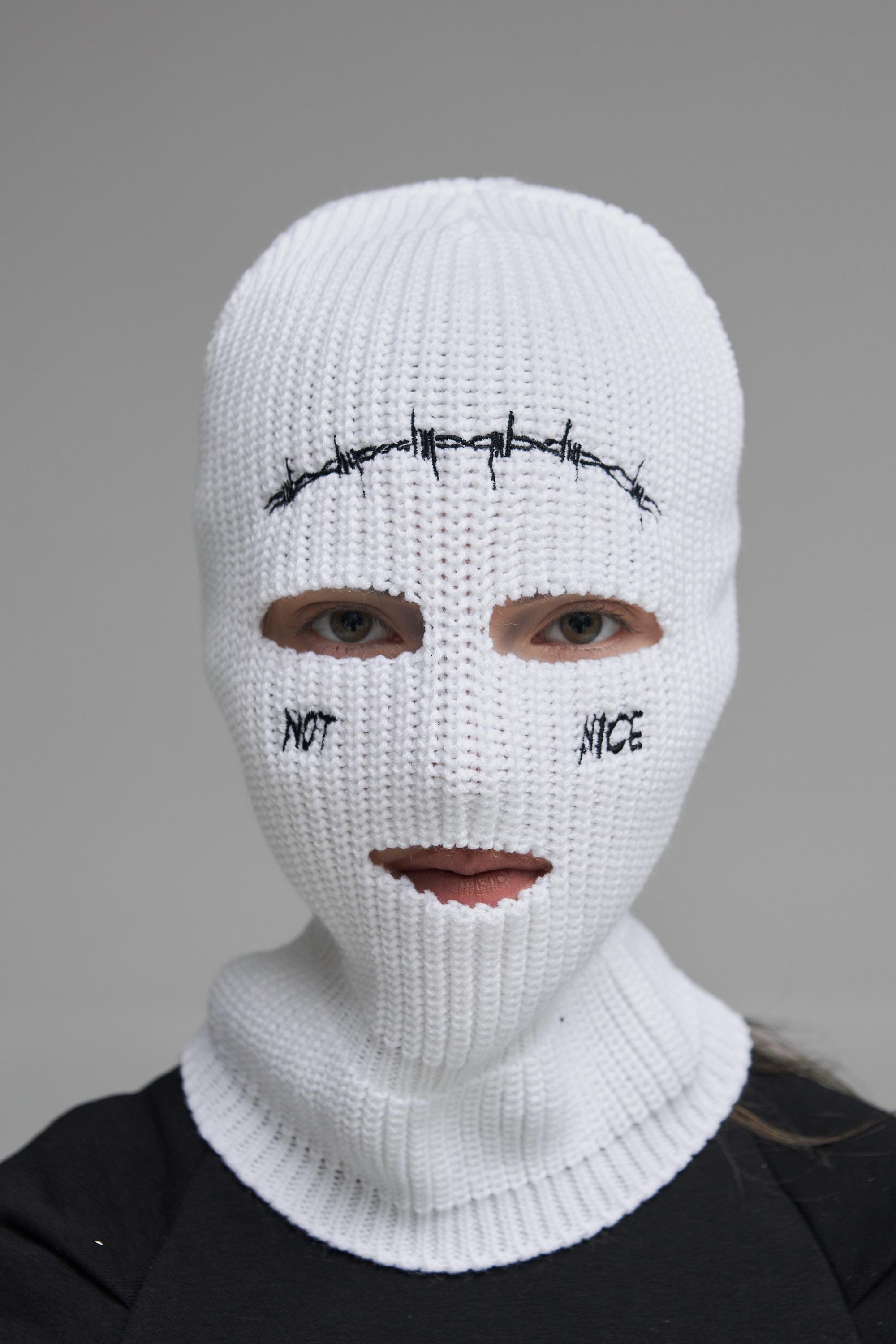 White Knit Cyberpunk Balaclava, Crochet Embroidered Mask, Barbed