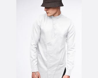 White linen techwear shirt, futuristic breathable longsleeve, mens cyberpunk outfit