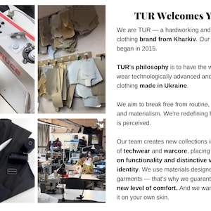 The image is a collage of four photos depicting various aspects of the TUR brand, including a person operating a sewing machine, a workspace with sewing equipment, a person working on a garment, and a person working on a garment.