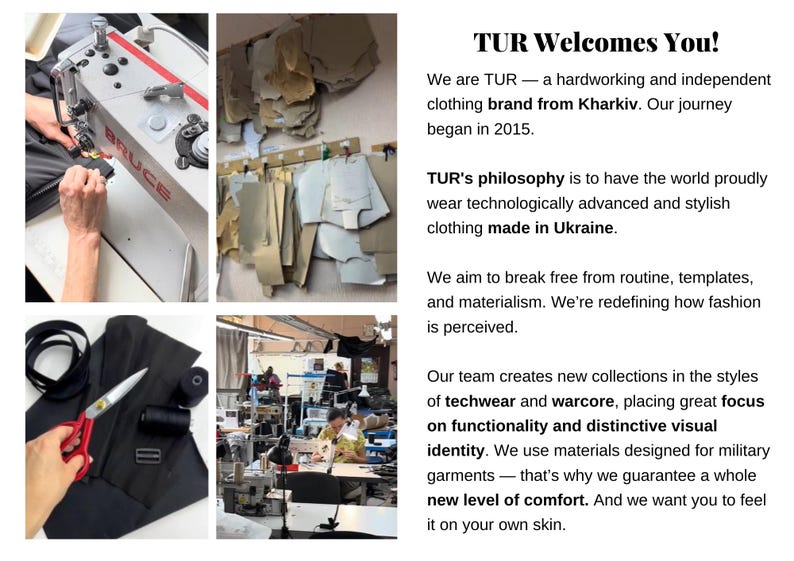 The image is a collage of four photos depicting various aspects of the TUR brand, including a person operating a sewing machine, a workspace with sewing equipment, a person working on a garment, and a person working on a garment.