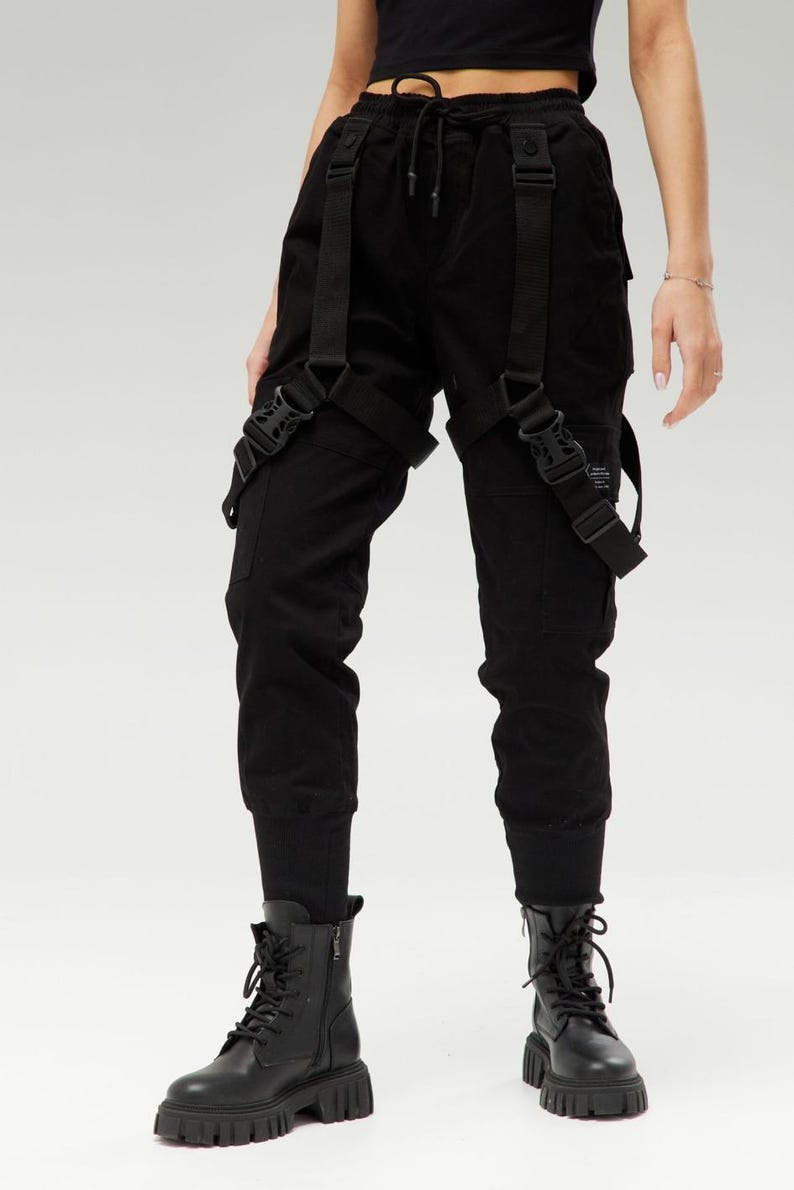 Techwear warcore pants, cargo pants straps, tactical womens trousers, multi pocket pants image 6