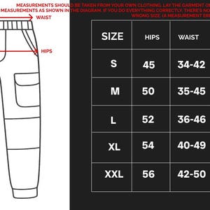 May include: A diagram showing how to measure pants for size, with measurements for hips, waist, and length. A size chart is included, listing sizes S to XXL, with corresponding hip, waist, and length measurements in centimeters.
