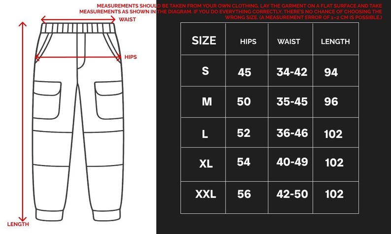 May include: A diagram showing how to measure pants for size, with measurements for hips, waist, and length. A size chart is included, listing sizes S to XXL, with corresponding hip, waist, and length measurements in centimeters.