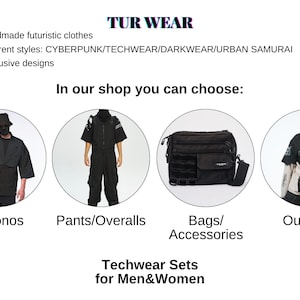 The image is a collage of four images featuring different styles of futuristic clothing and accessories, including Kimonos, Pants/Overalls, Bags/Accessories, and Outerwear.