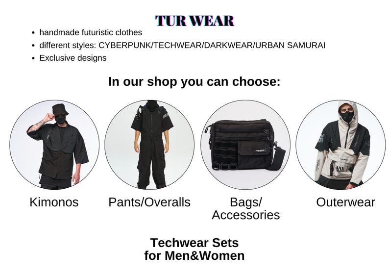 The image is a collage of four images featuring different styles of futuristic clothing and accessories, including Kimonos, Pants/Overalls, Bags/Accessories, and Outerwear.